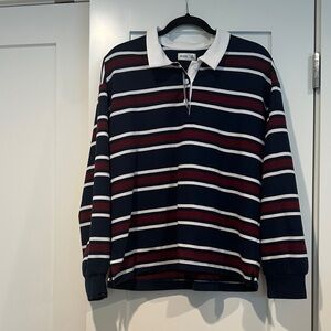 Hollister Navy and Burgundy Striped Rugby Top
